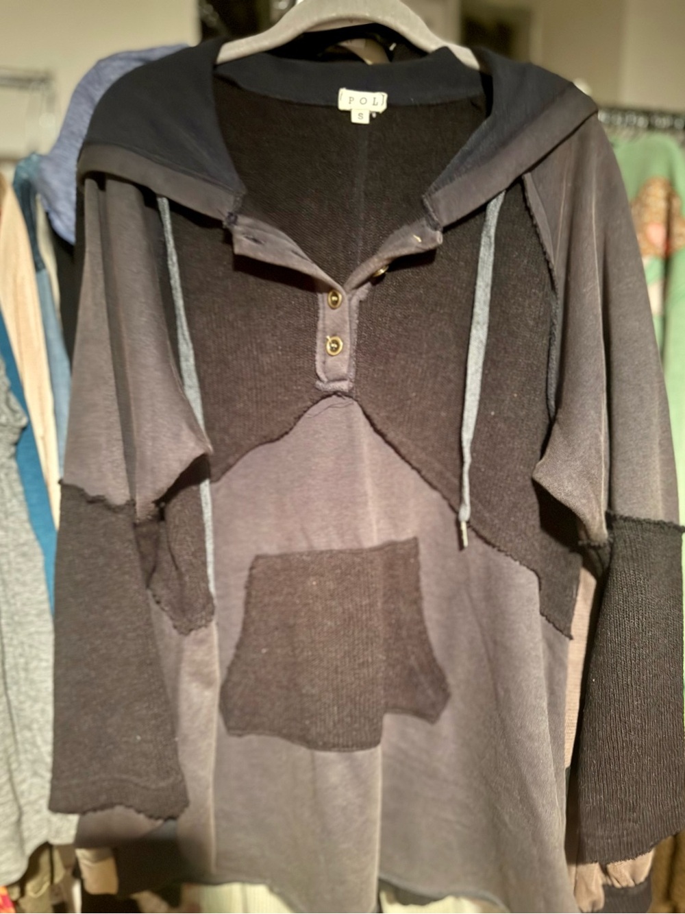 POL Oversized Two-Tone Charcoal & taupe Hooded Henley Sweater